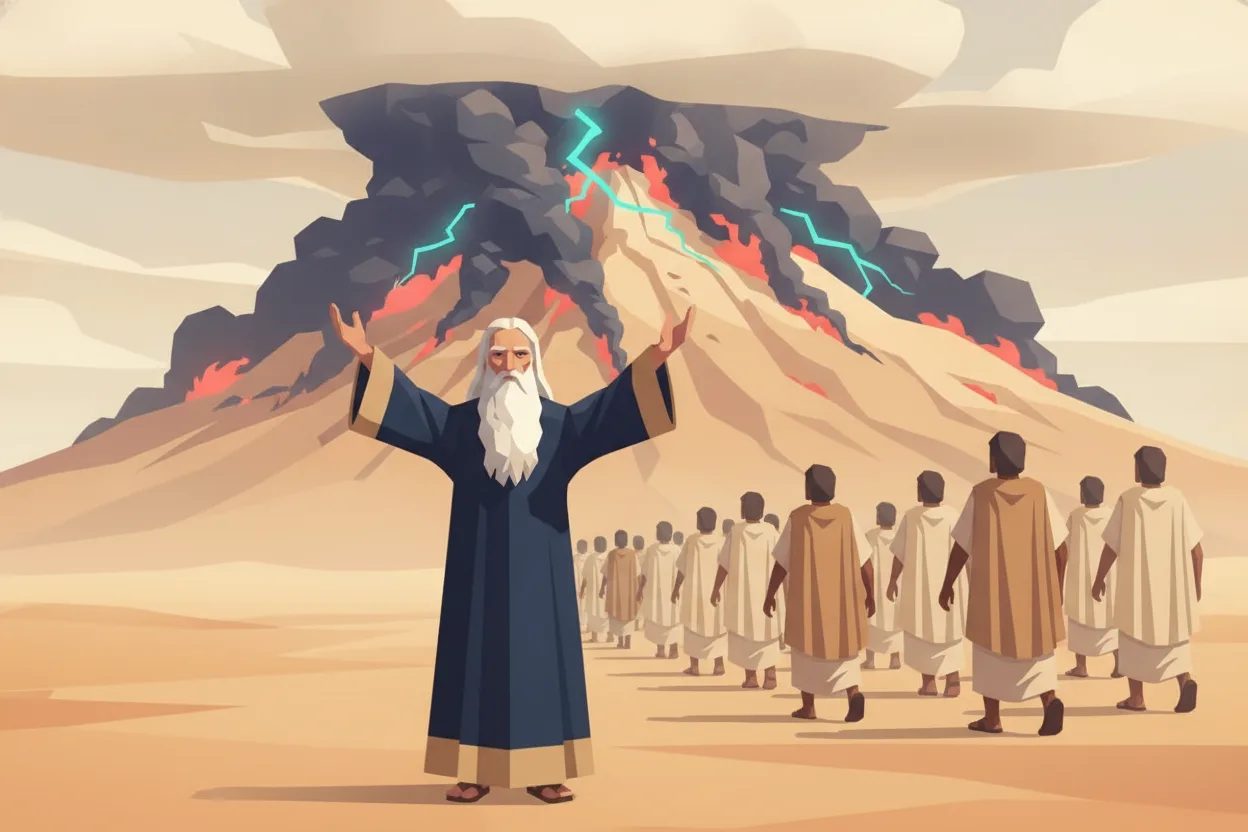 A man leads a crowd away from a mountain wrapped in smoke and lightning.