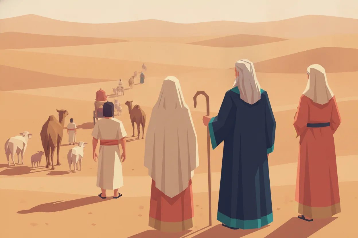 A caravan led by a man crosses a desert toward an unknown land.