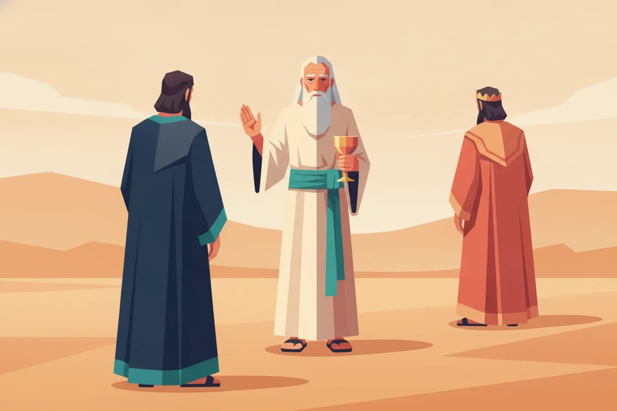 A priest blesses a man, offering him bread and wine, as a king looks on.