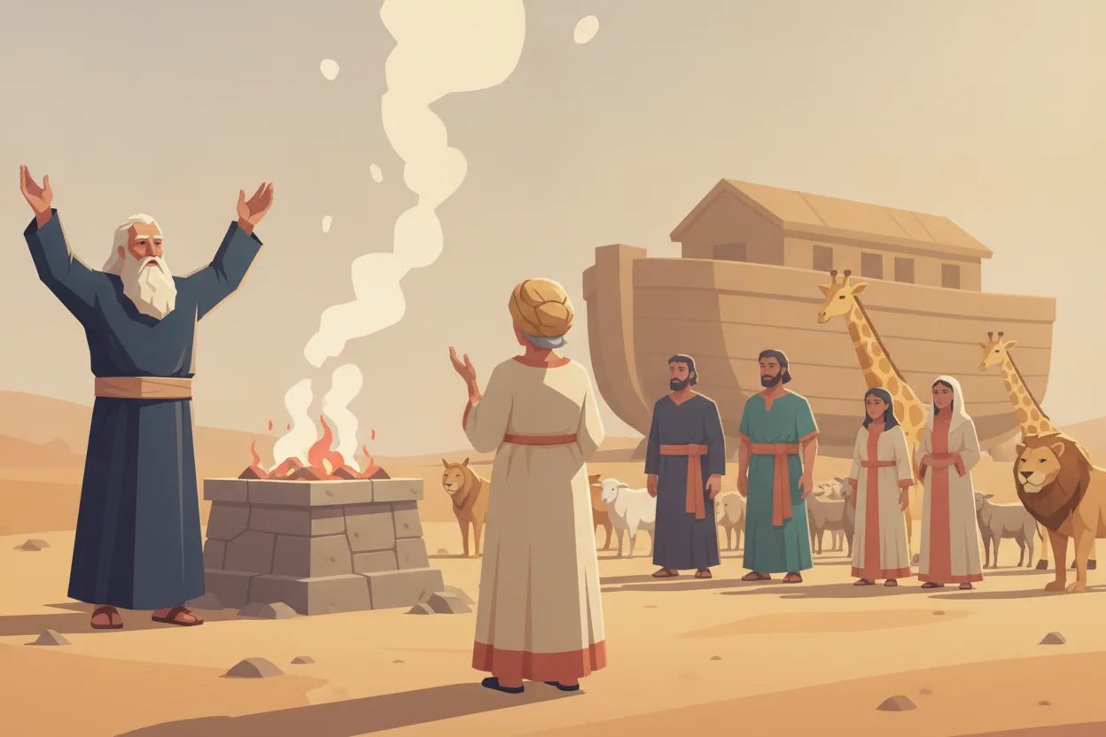 A man raises his arms before a smoking altar, surrounded by his family and animals on dry land.