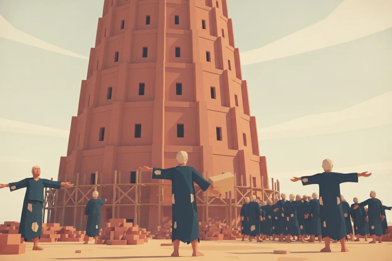 Workers turn away from one another, disoriented, at the foot of an unfinished tower.
