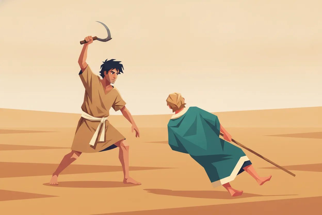 A man strikes his brother, who falls backward in a field.