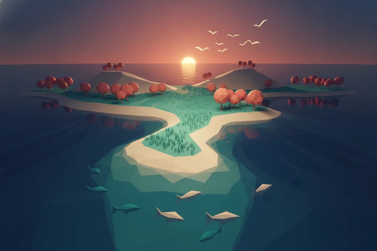Earth emerges from the sea at dawn, with vegetation, birds and fish under a vast sky.