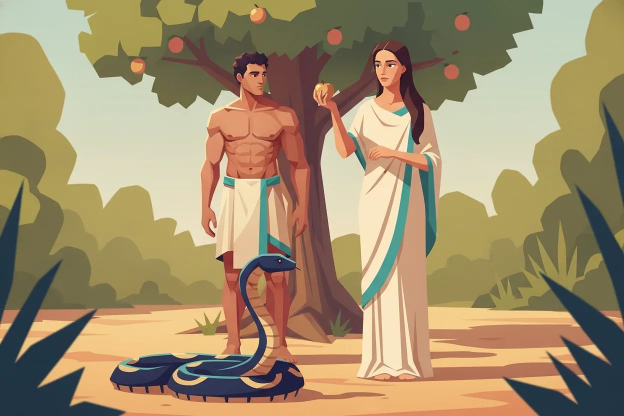 A woman picks a forbidden fruit near a serpent, with a man standing beside her.