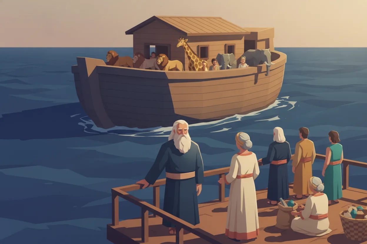 A wooden ark floats on an endless sea with a family and animals aboard.