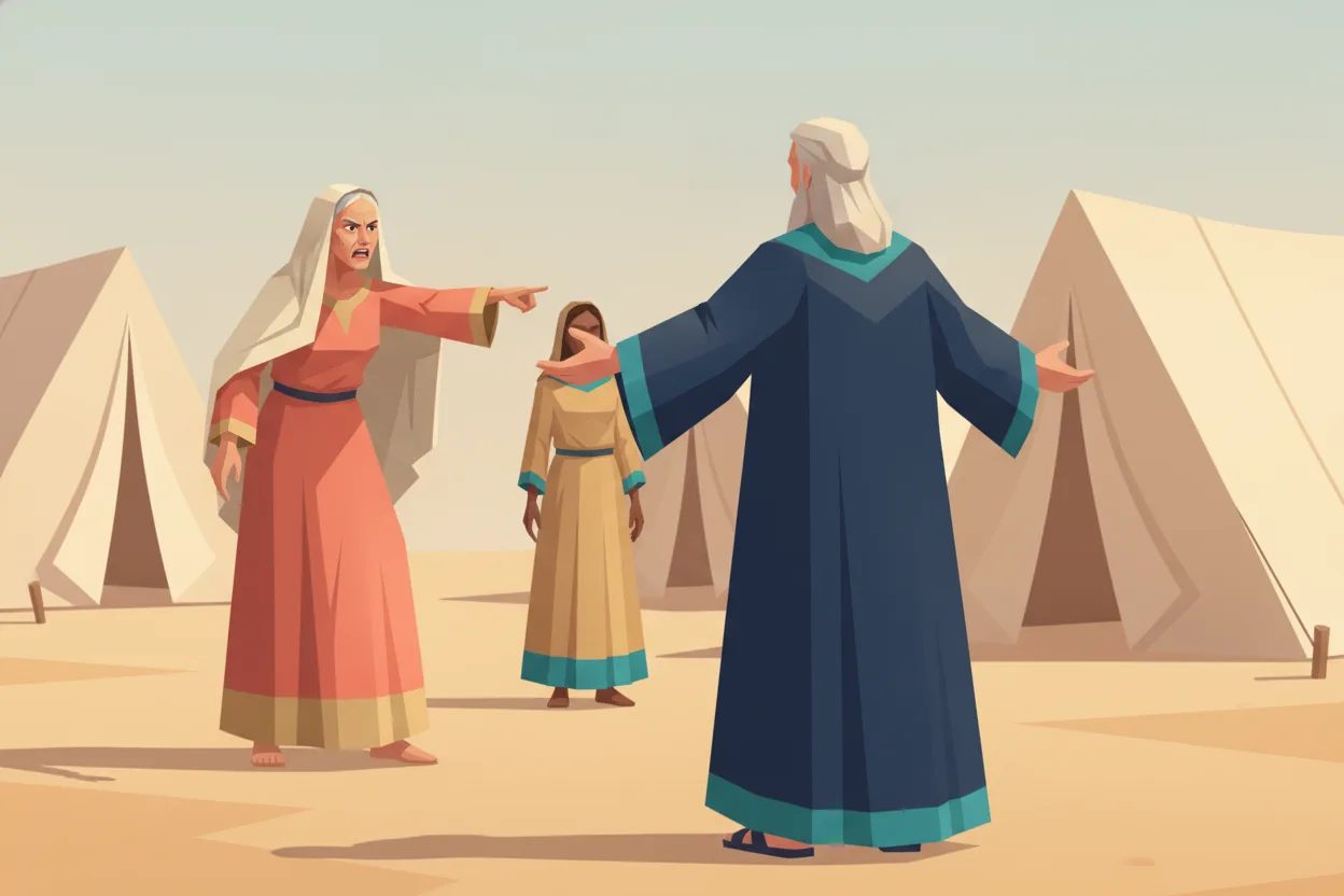 An angry woman points at a man, while another woman watches from a distance.