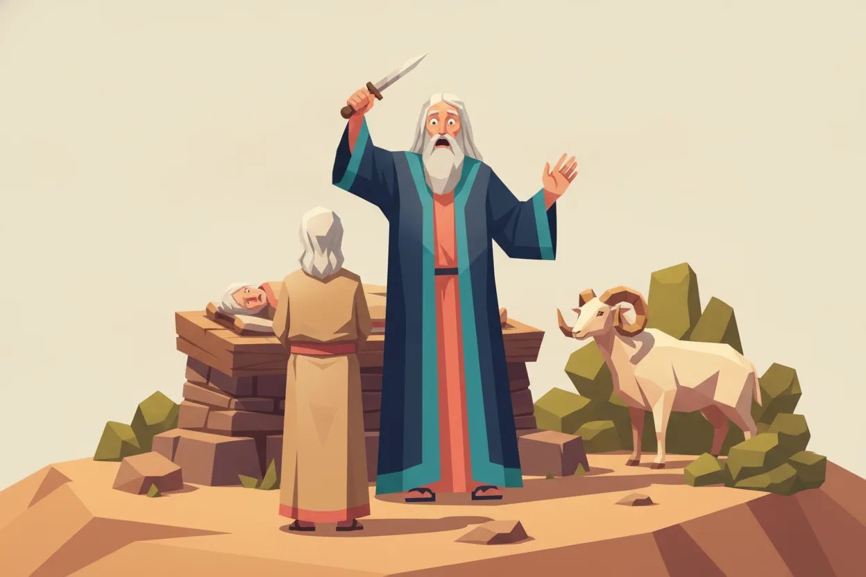 A man stops, knife raised above his bound son, looking up in surprise at the sky.