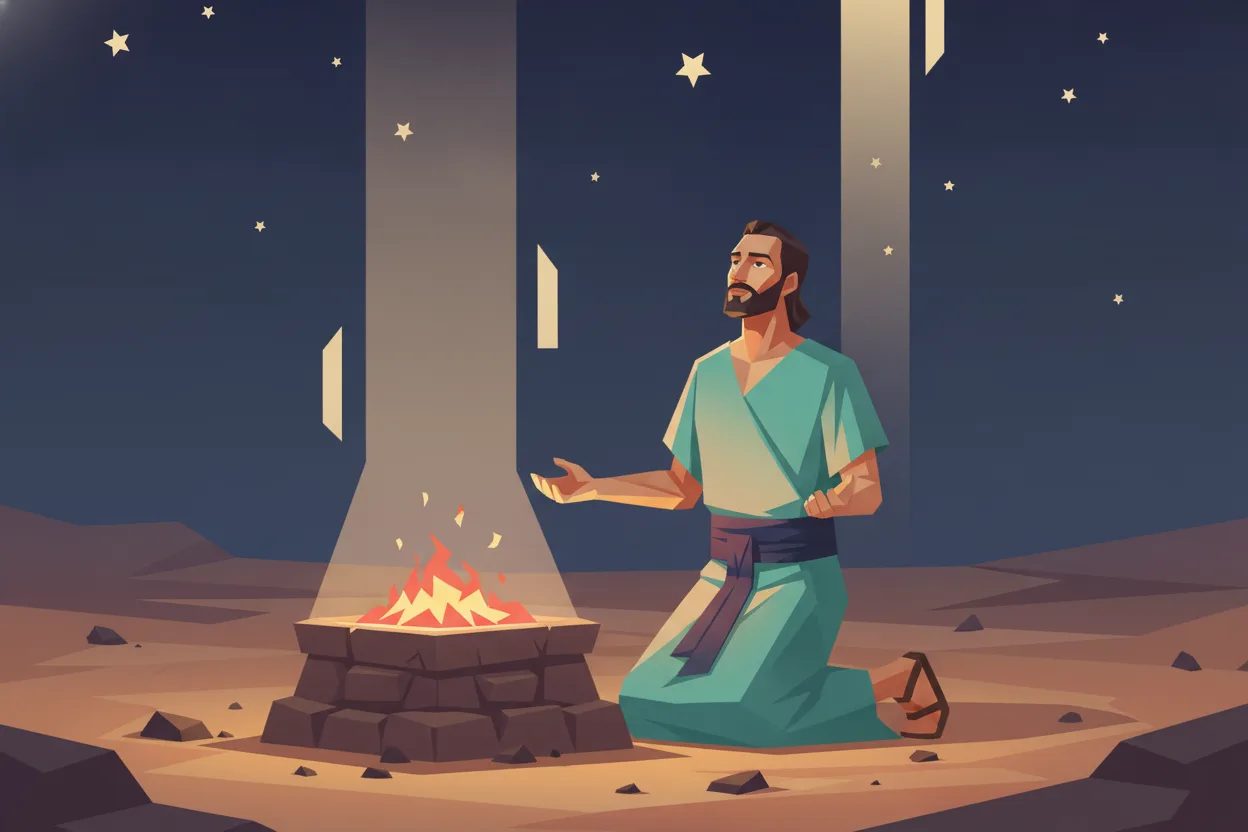 A kneeling man under a night sky receives a divine vision.