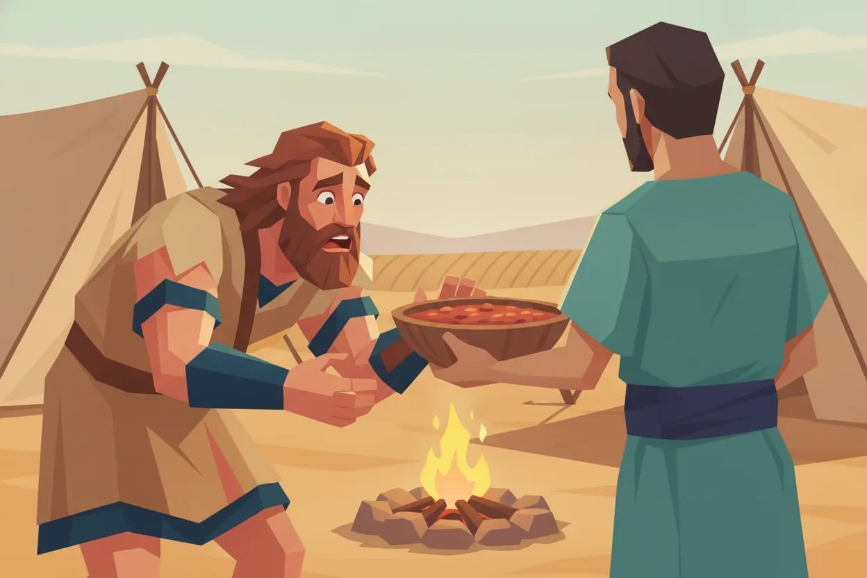 A starving man reaches for a bowl of stew offered by another man.