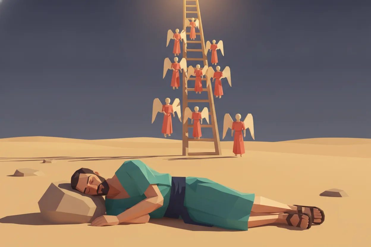 A sleeping man dreams of a giant ladder linking earth to heaven with angels.