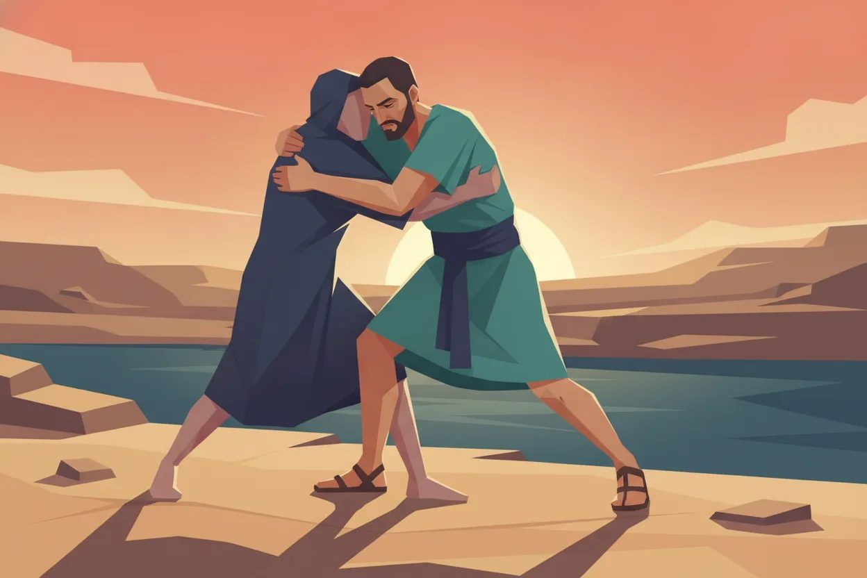 A man wrestles fiercely with a mysterious figure by a river at dawn.