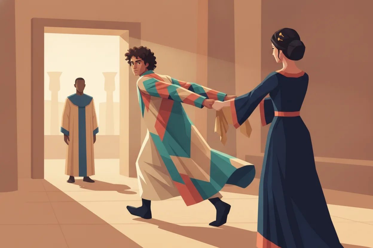 A man flees, leaving his garment in the hand of a woman holding him back.