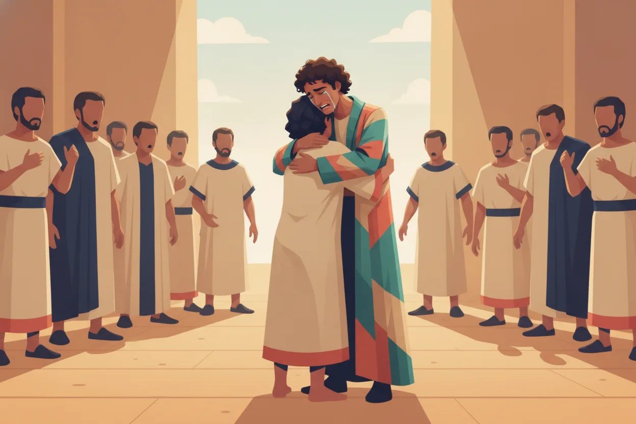 A weeping man embraces his brother before other astonished men.