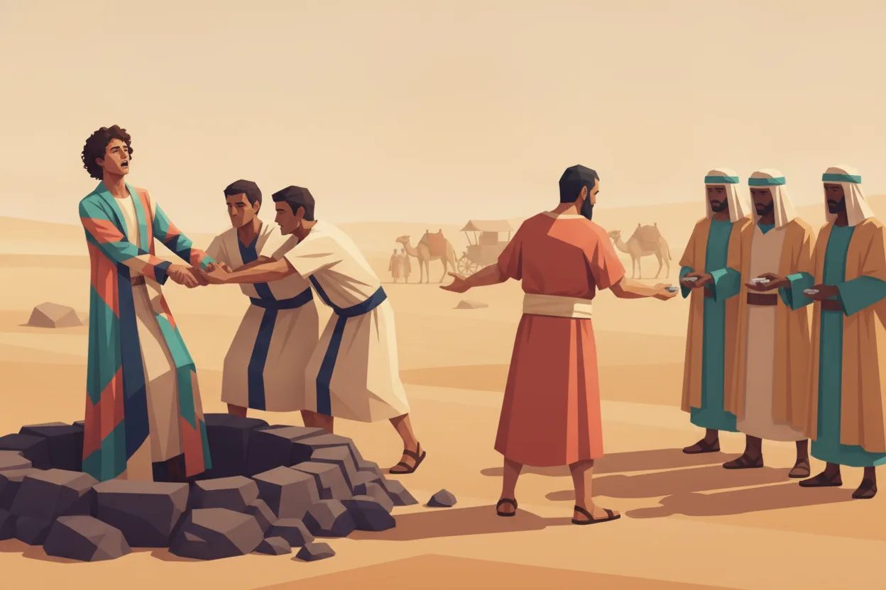 Men pull a young man from a pit to sell him to merchants for coins.