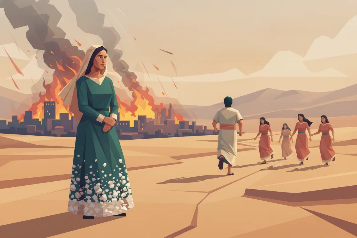 A woman freezes into a pillar of salt as she turns toward a burning city, while people flee.