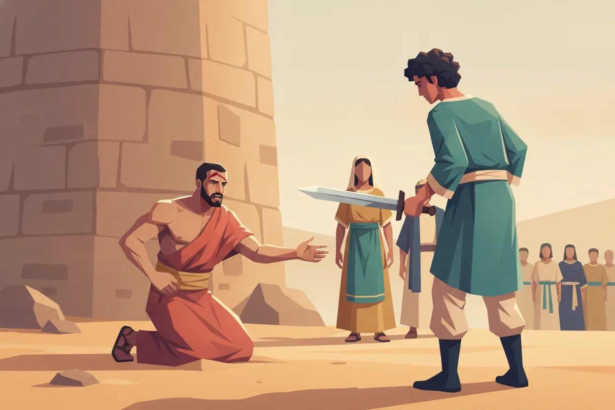 A wounded man collapses and signals his servant to strike him down.