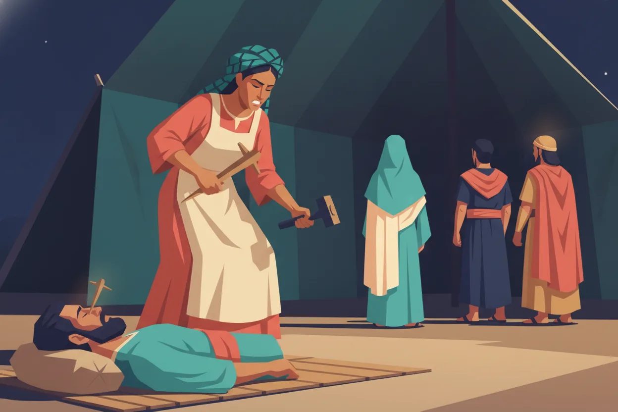 A woman hammers a tent peg into the temple of a sleeping man.