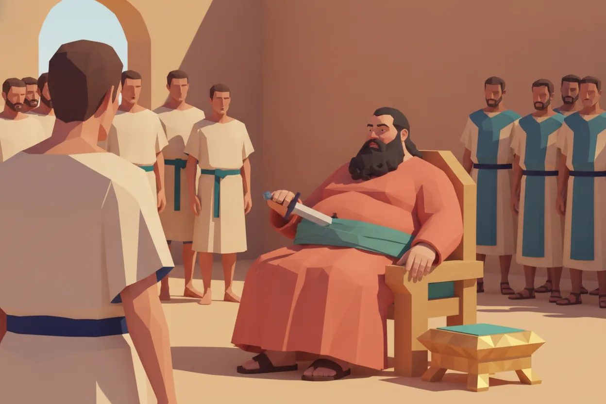 A man sneaks up behind a seated king and drives a sword into his belly.