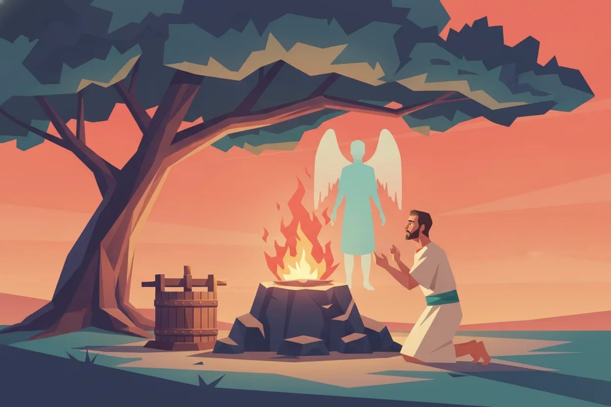 A kneeling man watches fire burst from a rock in front of an altar.