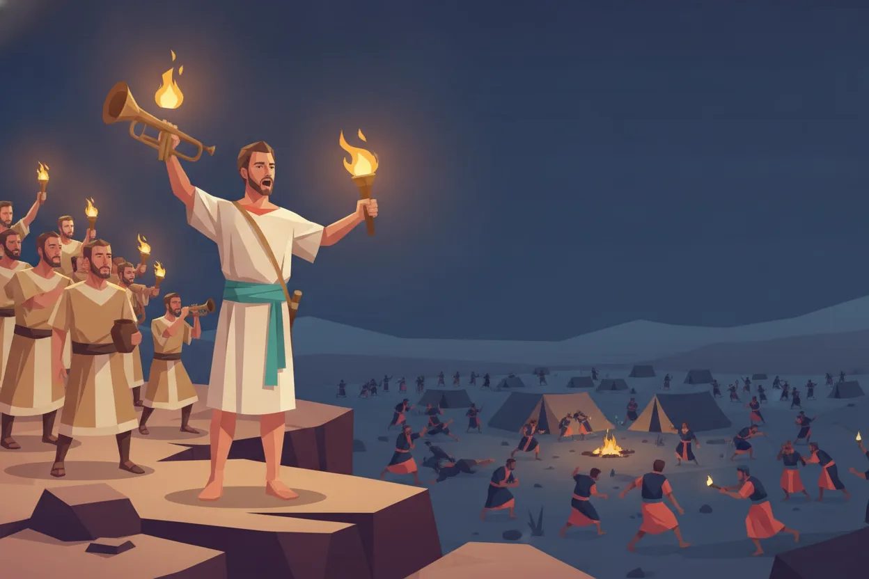 Men on a ridge raise torches and trumpets over a nighttime camp.