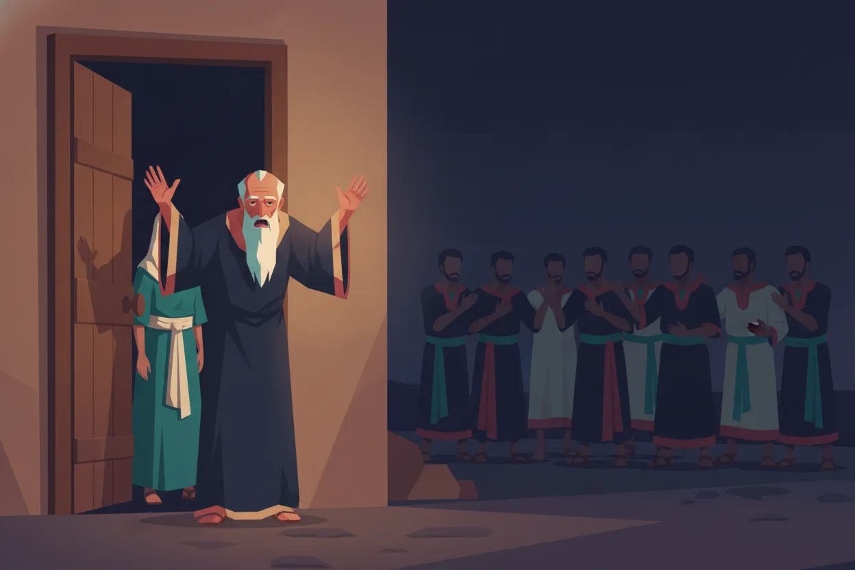 An old man with raised arms begs a crowd pounding on his door at night.