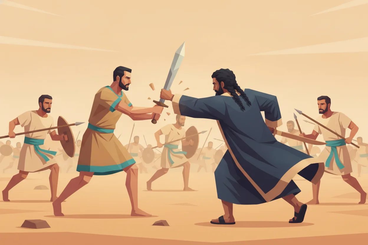 A warrior charges and strikes an enemy king who collapses, battle around them.