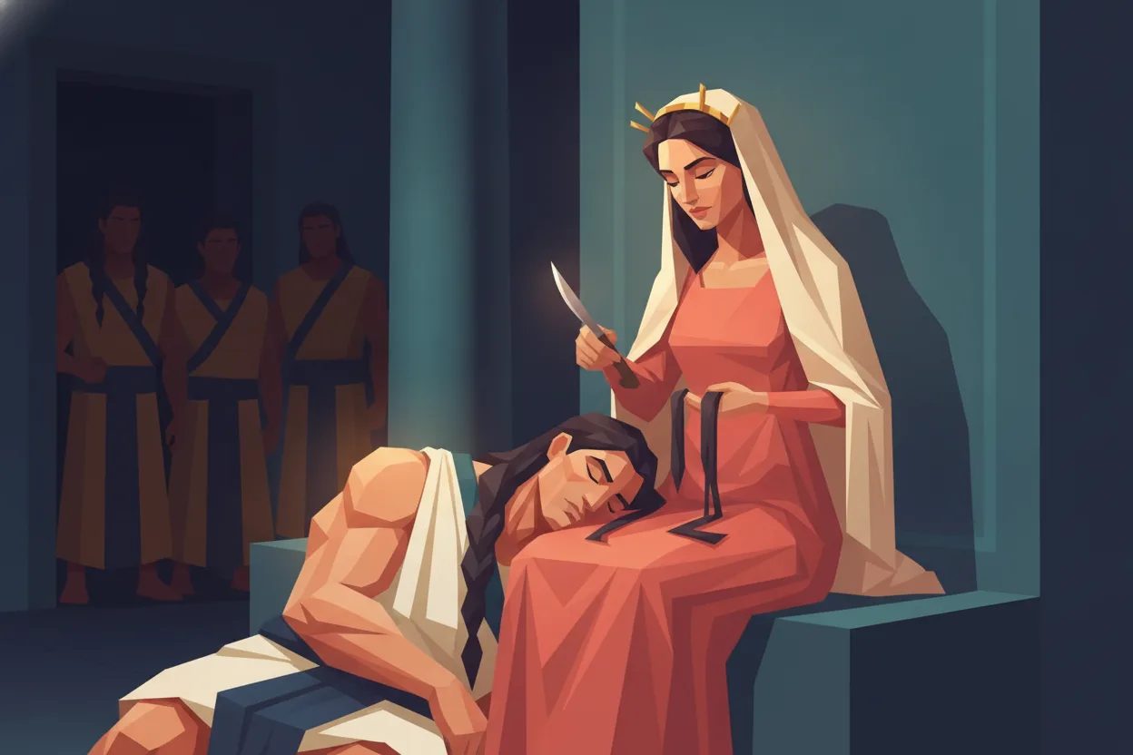 A woman shaves the hair of a sleeping man on her lap while hidden men wait.
