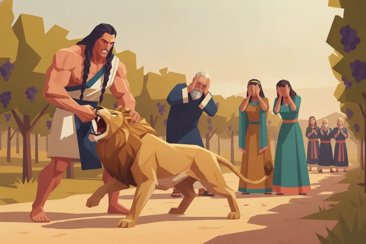 A man tears apart a roaring lion with bare hands while another steps back, shocked.