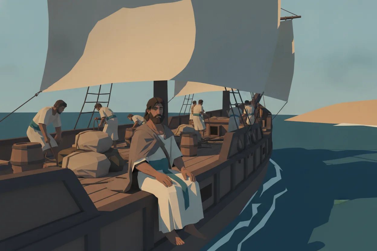 Un hombre con túnica color crema sube a un barco de velas hinchadas que deja un puerto.