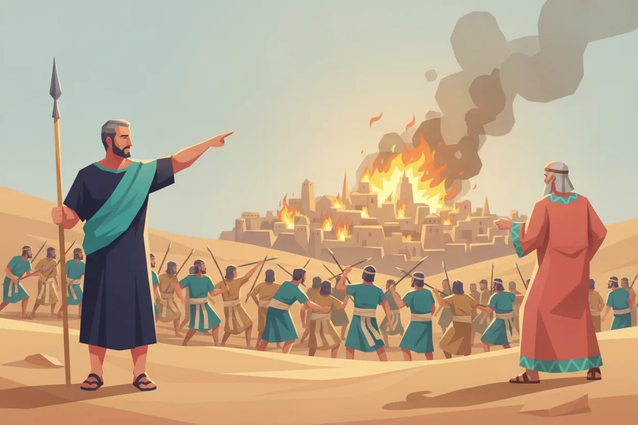 A man raises a javelin toward a burning city as a king turns around in shock.