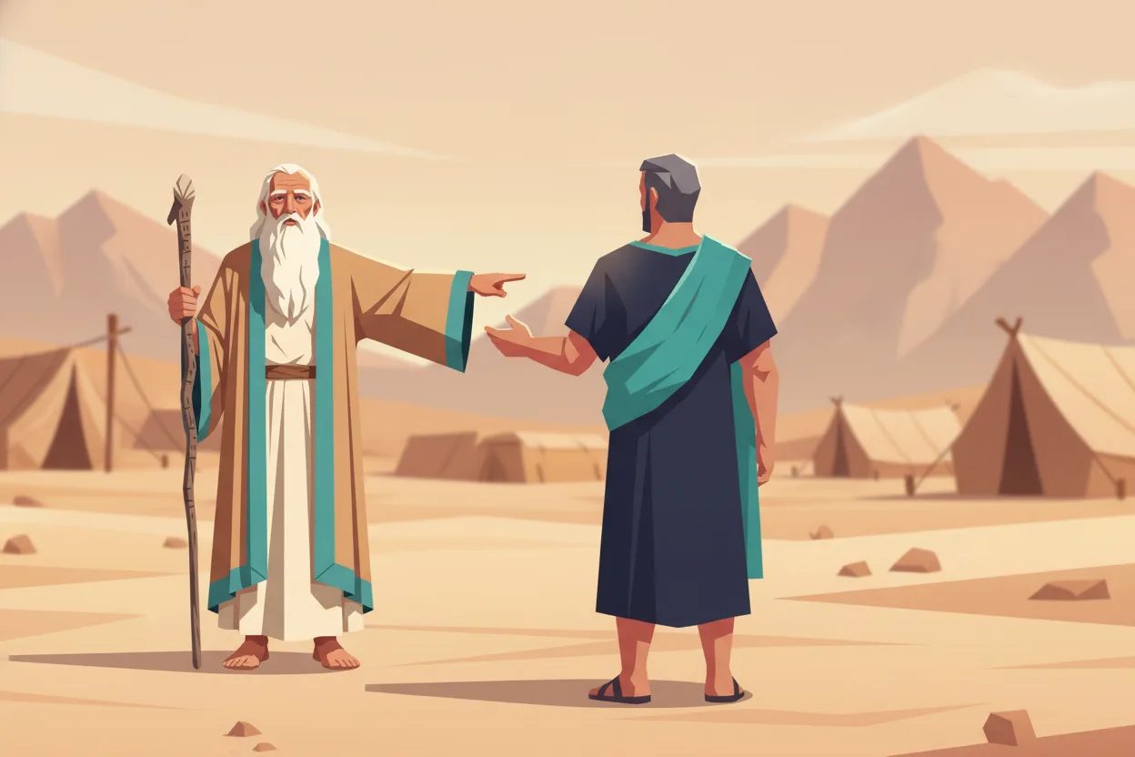 A man points to distant mountains as another man reaches out his hand in blessing.