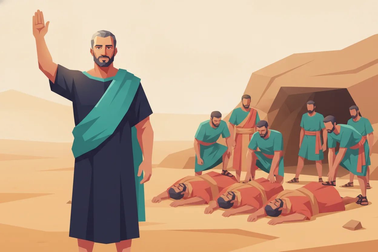 A man gives an order to his chiefs before five captive kings near a cave entrance.