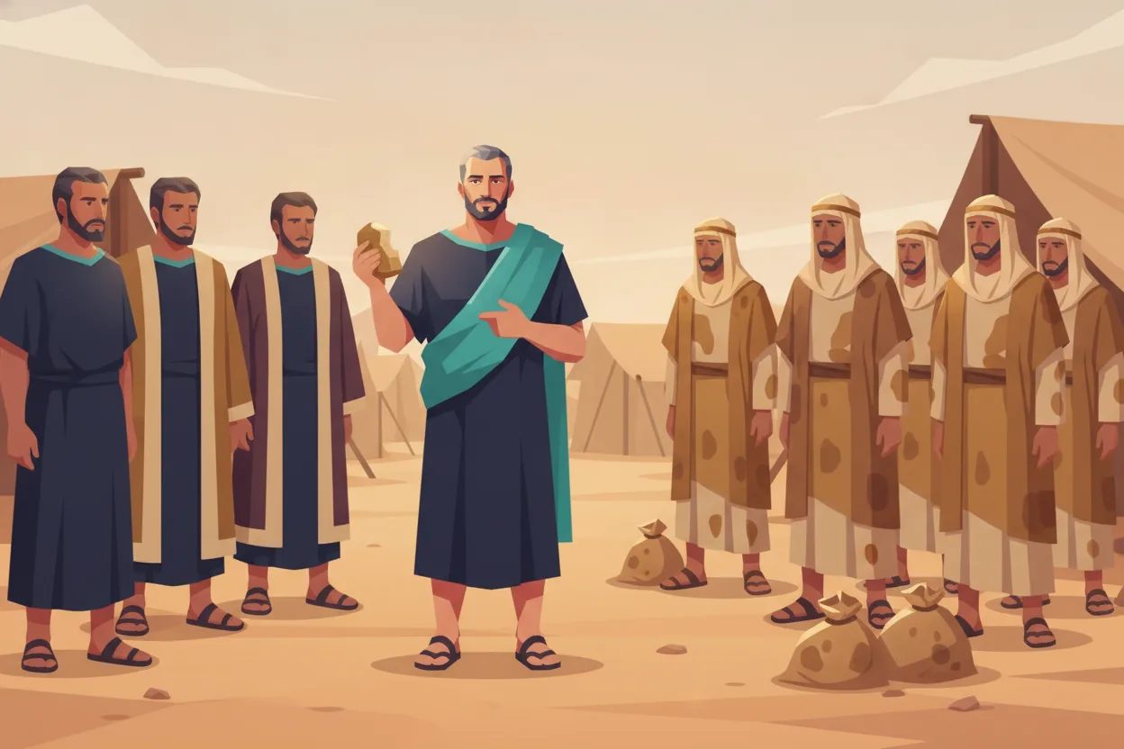 A man holds dry bread and eyes with suspicion travelers in worn-out clothes.