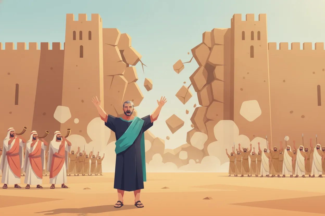 A man with raised arms makes a city's walls collapse as the crowd shouts before it.