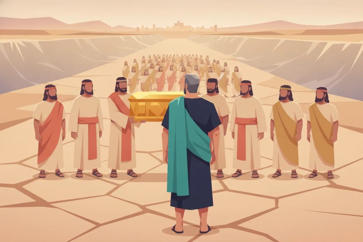Priests carrying the sacred ark stand in the dry riverbed of the Jordan as the people cross.