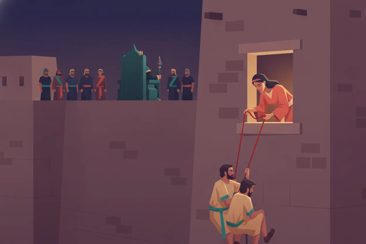 A woman ties a red cord to her window as spies climb down the city wall at night.