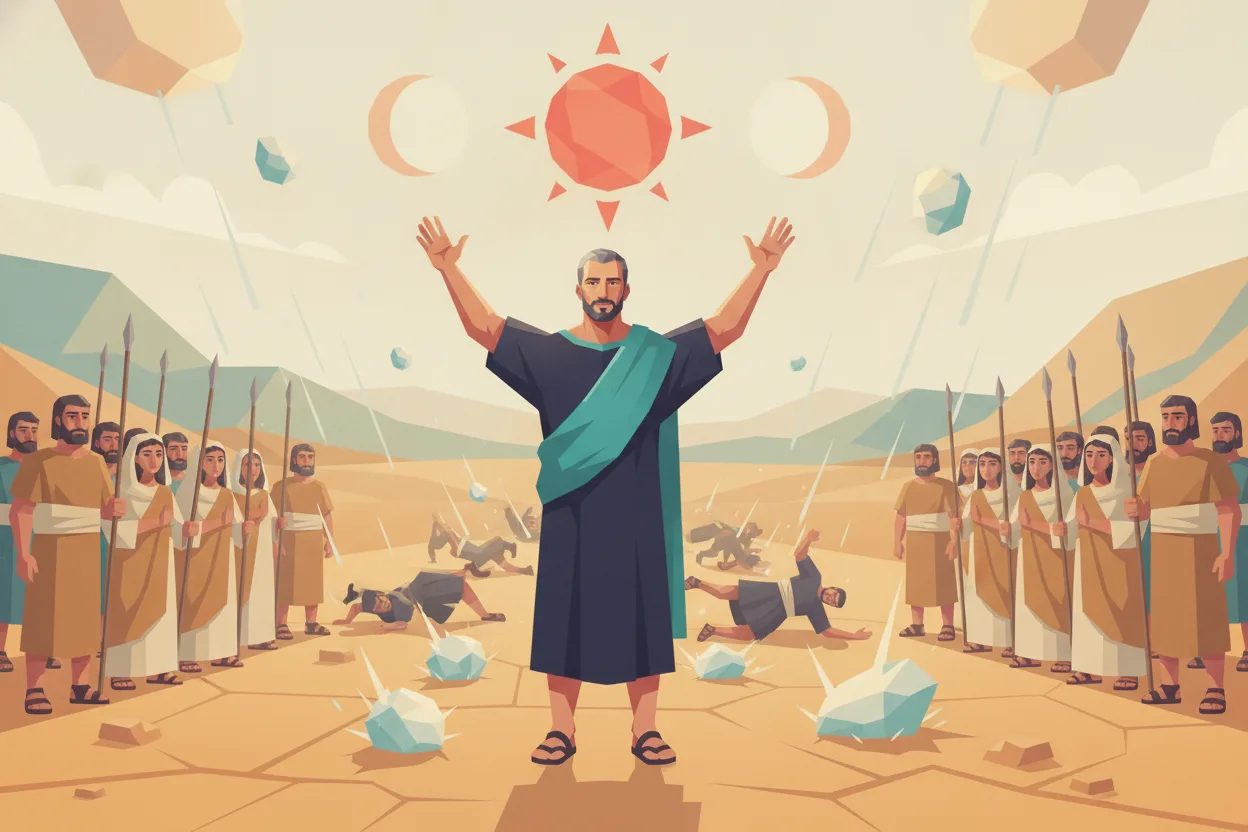 A man raises his arms to the sky as giant hailstones fall on fleeing enemies.
