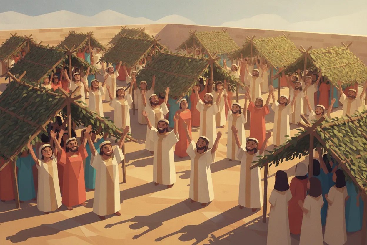 Une foule joyeuse construit des huttes de branchages dans une cour remplie de monde.