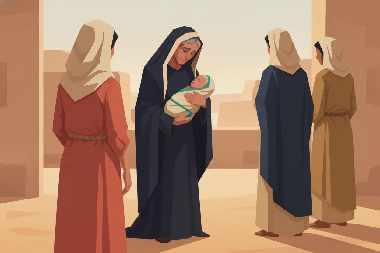 A woman holds a newborn close, surrounded by women celebrating the event.