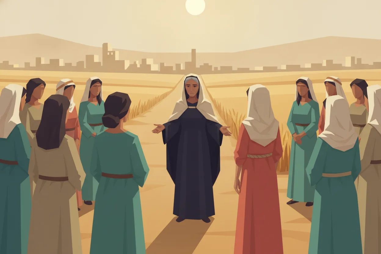 A woman in a dark dress speaks to village women, another woman stands behind her.