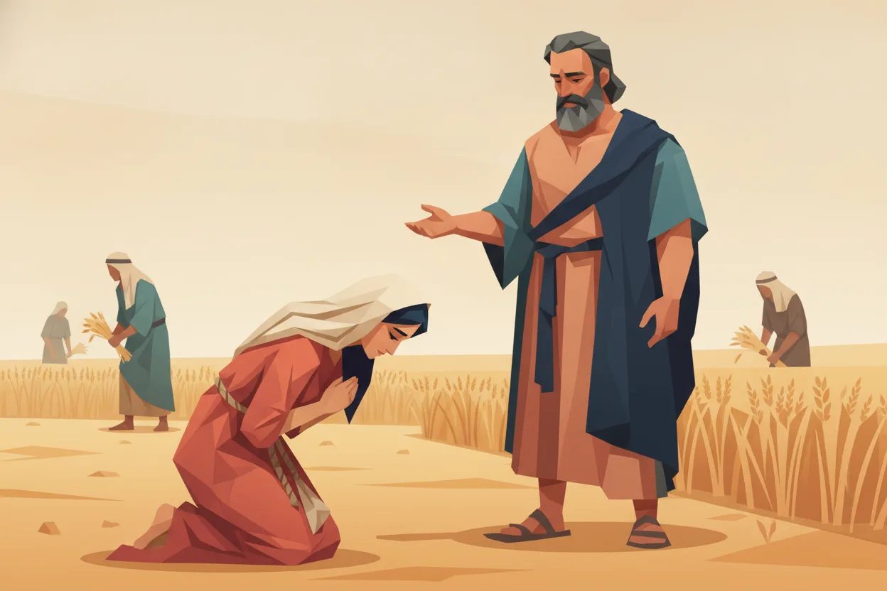 A woman bows to the ground in gratitude before a man speaking to her in a field.