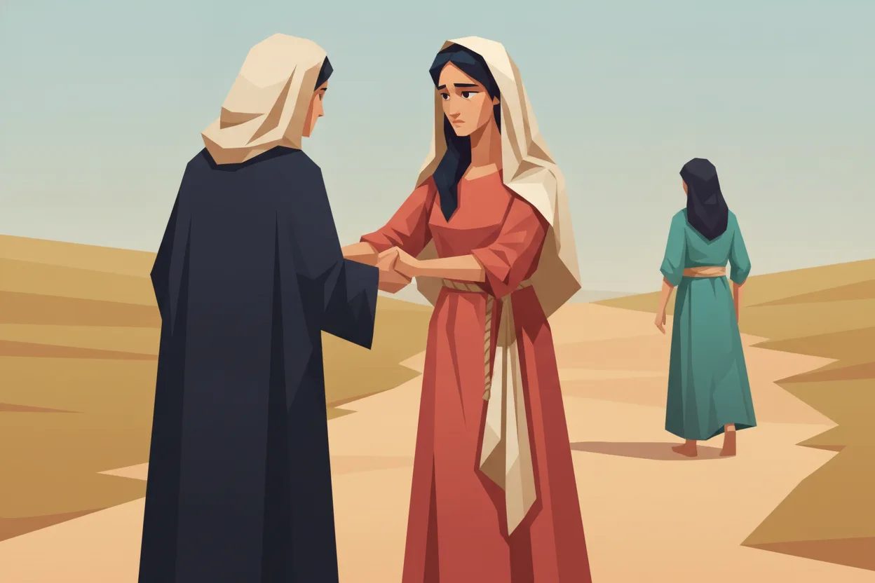 A woman clings to another on a path, while a third walks away in the distance.