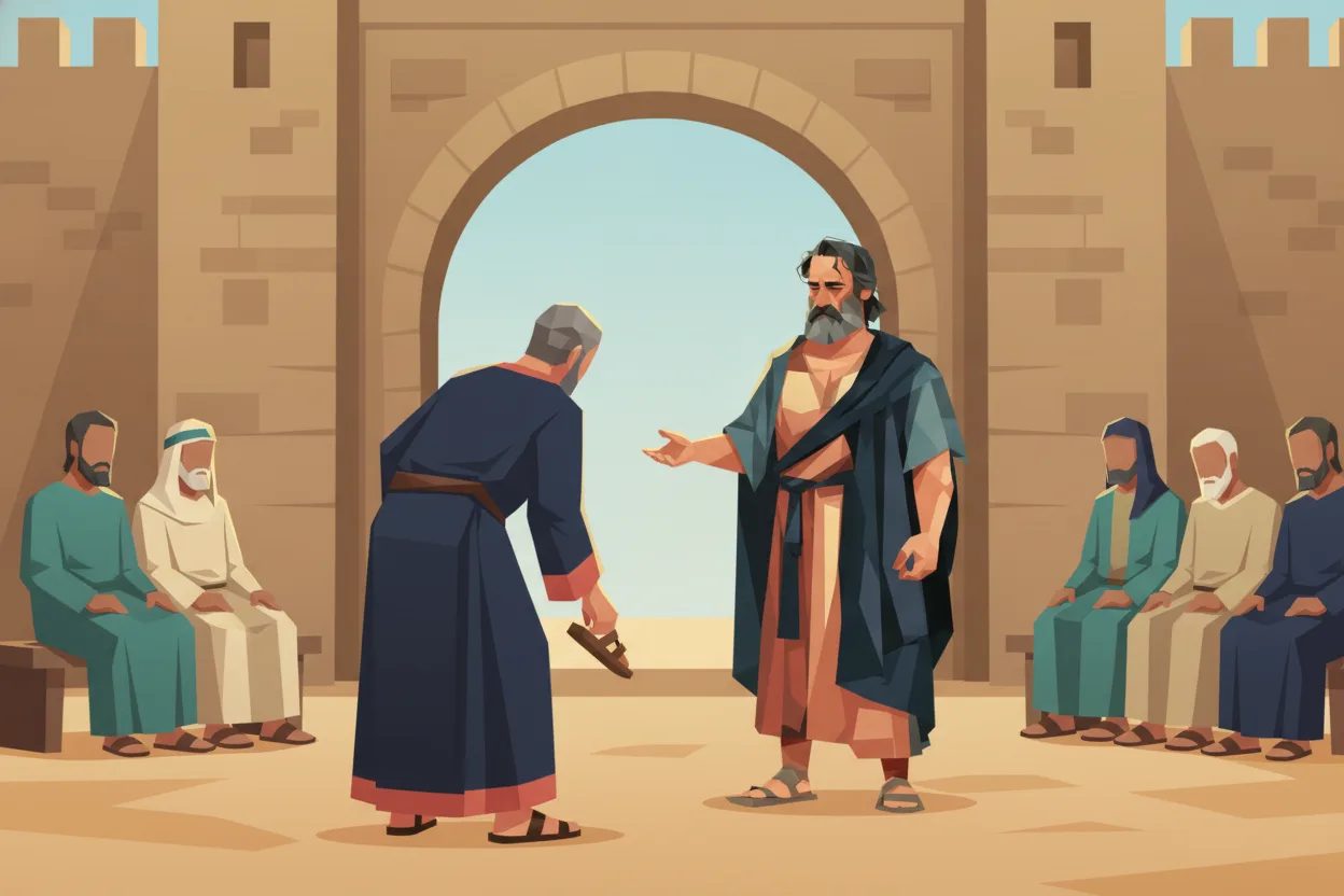 A man hands his sandal to another man before elders seated at the city gate.