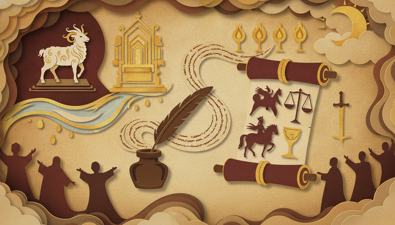 Papercut art depicting Biblical Revelation symbols including scrolls, lamb, throne, and figures in